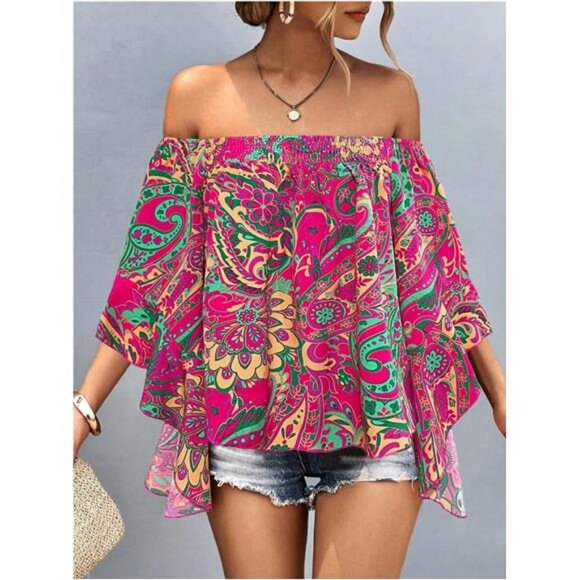 Women's Y2K Floral Off Shoulder Blouse Boho Shirt - Picture 5 of 6